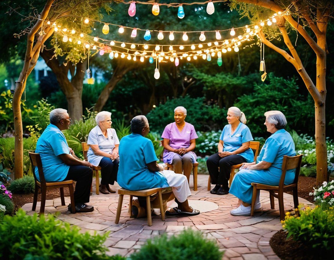 A compassionate scene featuring diverse patients in a supportive circle, sharing stories and resources, with symbols of hope such as ribbons and light bulbs representing ideas. Include a nurturing caregiver facilitating the discussion, set against a backdrop of a healing garden. Magical lighting to evoke a sense of empowerment and unity. vibrant colors. soft focus.