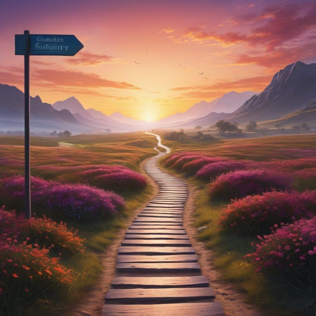 A path through a serene landscape symbolizing a journey, lined with signposts representing various cancer treatment options like chemotherapy, radiation, and surgery. On one side, a gentle sunrise evokes hope, while on the other, a silhouette of a survivor looking forward with determination. The atmosphere should be uplifting and inspiring. vibrant colors. super-realistic.