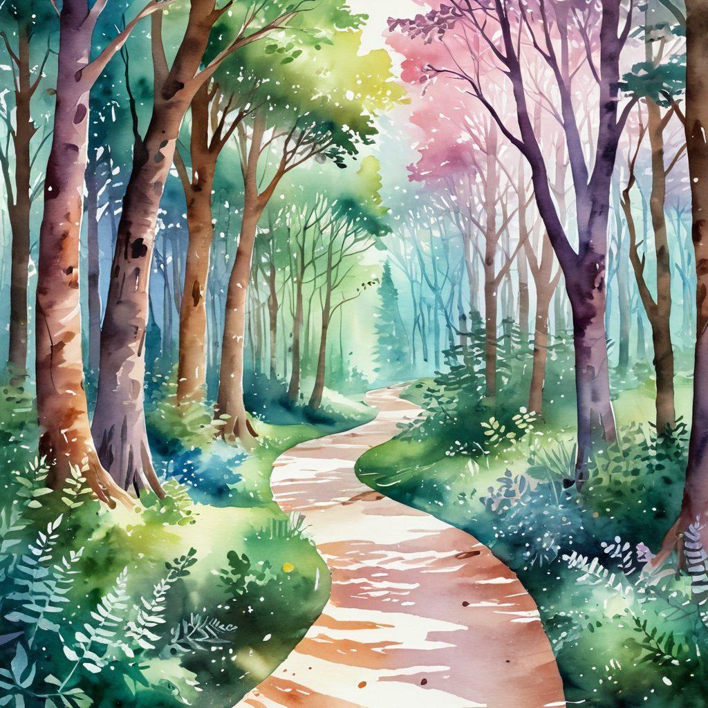 A serene landscape depicting a winding path through a vibrant forest, symbolizing the journey of cancer care, with light filtering through the trees, casting a hopeful glow. Integrate illustrations of symbolic cancer awareness ribbons and advocacy tools scattered along the path, representing support and education. The atmosphere should evoke feelings of hope and resilience. watercolor style. vibrant colors. natural elements.